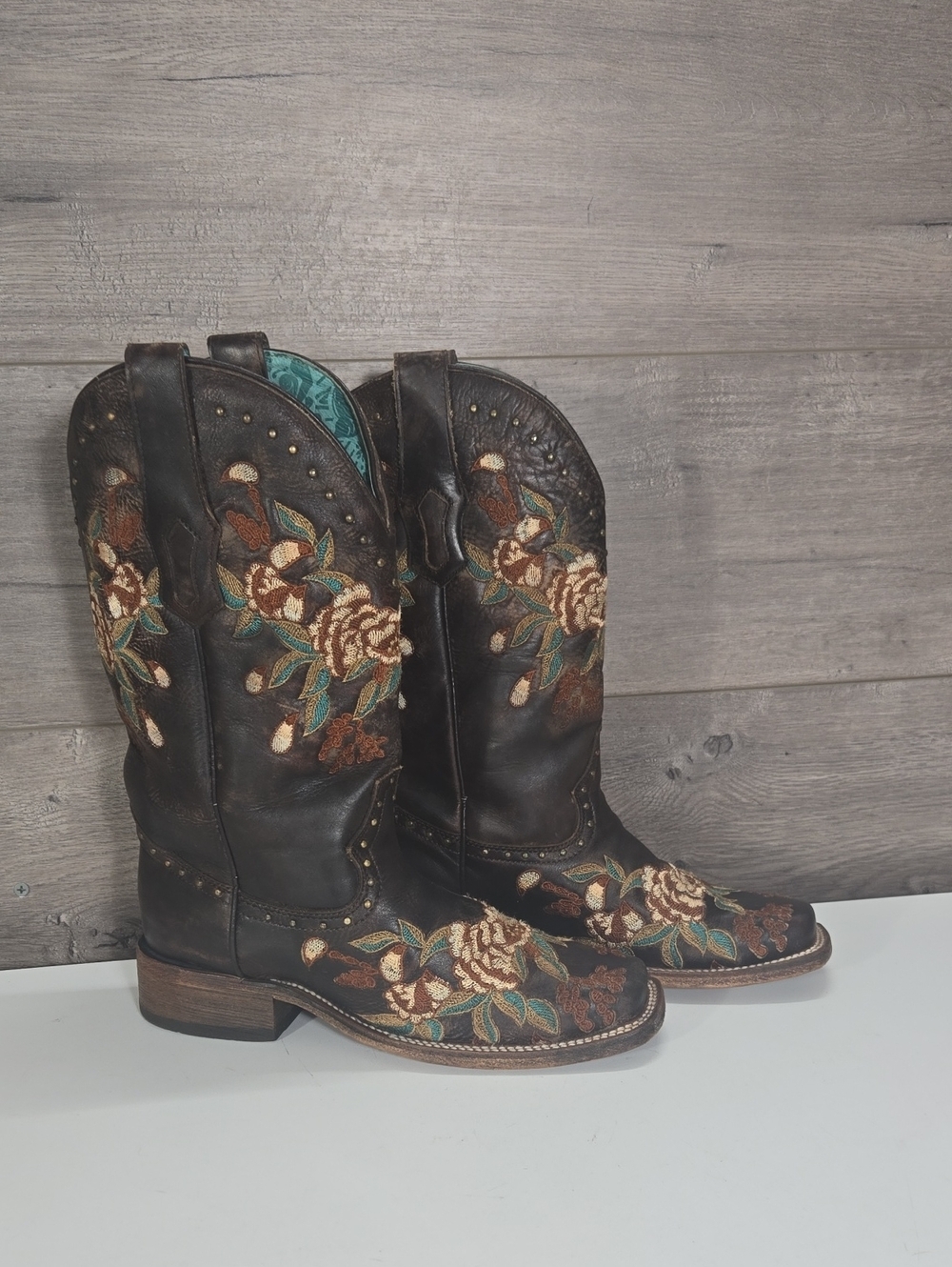 Womens Corral Embroidered Dark Brown Leather Western Boots w/Studs Sz 7 1/2w